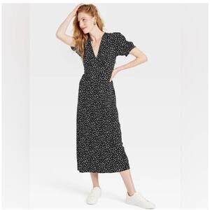 NWT A New Day Puff Sleeve V Neck Midi Heart Print Dress Black and White SZ L